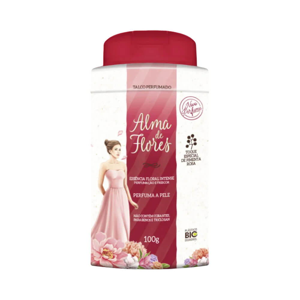 Talco Memphis Alma de Flores Intense 100g embalagem branca com tampa vermelha e design floral